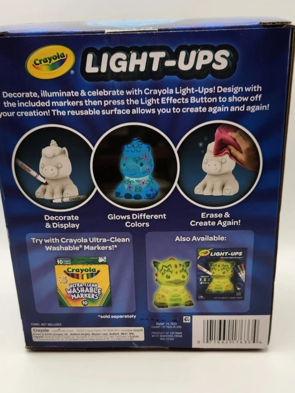 Crayola Light ups recolorable Unicorn three markers glows in three colors NIB